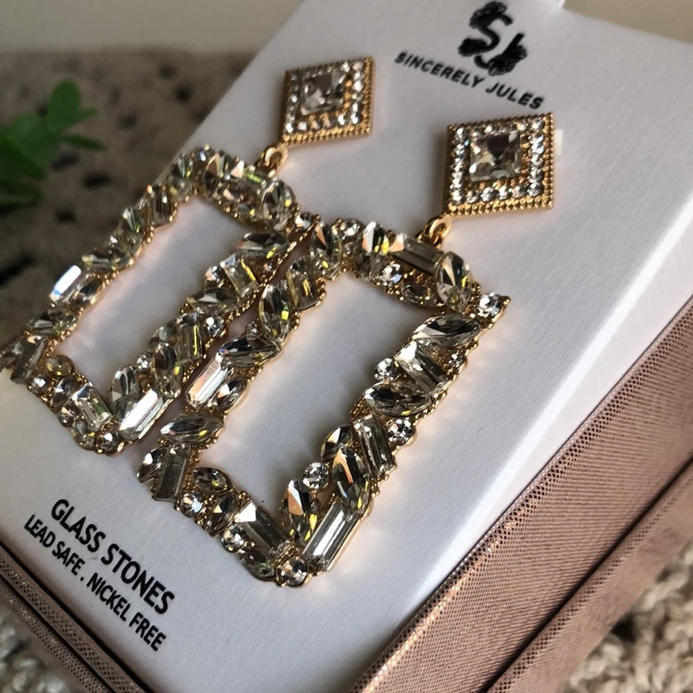 Elegant Gold Statement Earrings with Clear Glass Stones